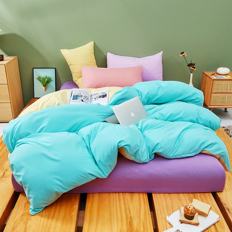 Ensemble De Literie Pastel Bleu et Jaune