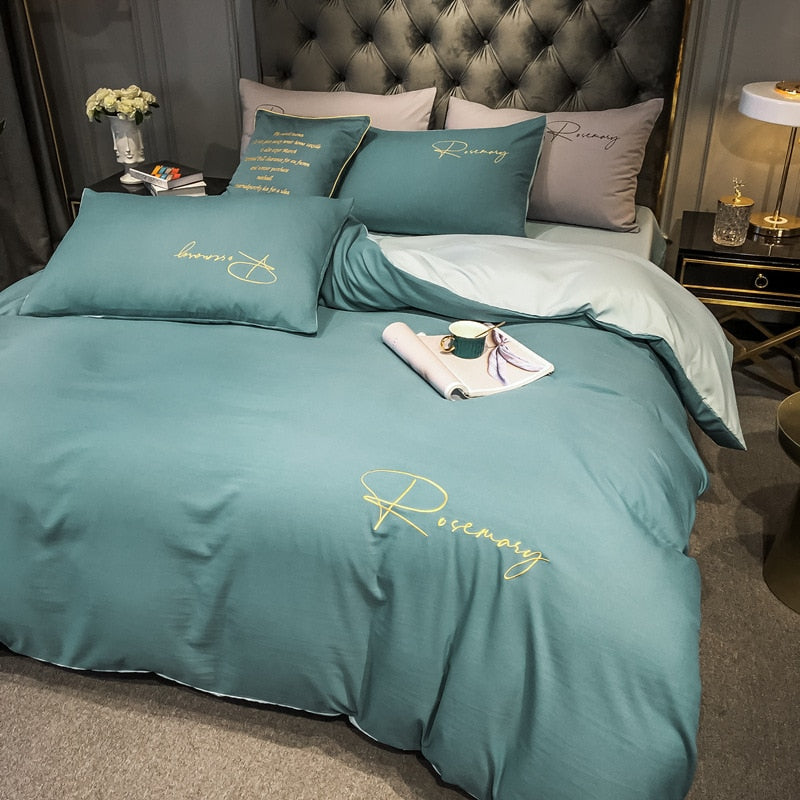 Ensemble De Literie Unie avec Ecriture Brodée Bleu et Verte