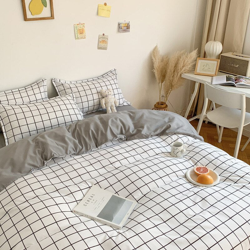 Ensemble de Literie à Carreaux Blancs Et Gris