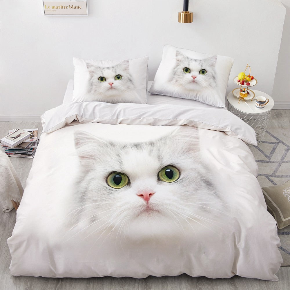 Housse De Couette Blanche Chat Blanc Aux Yeux Vert