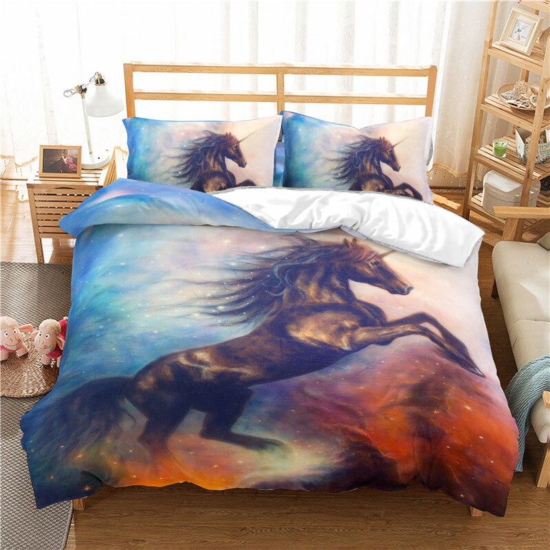 Housse De Couette Licorne Rouge Et Bleue