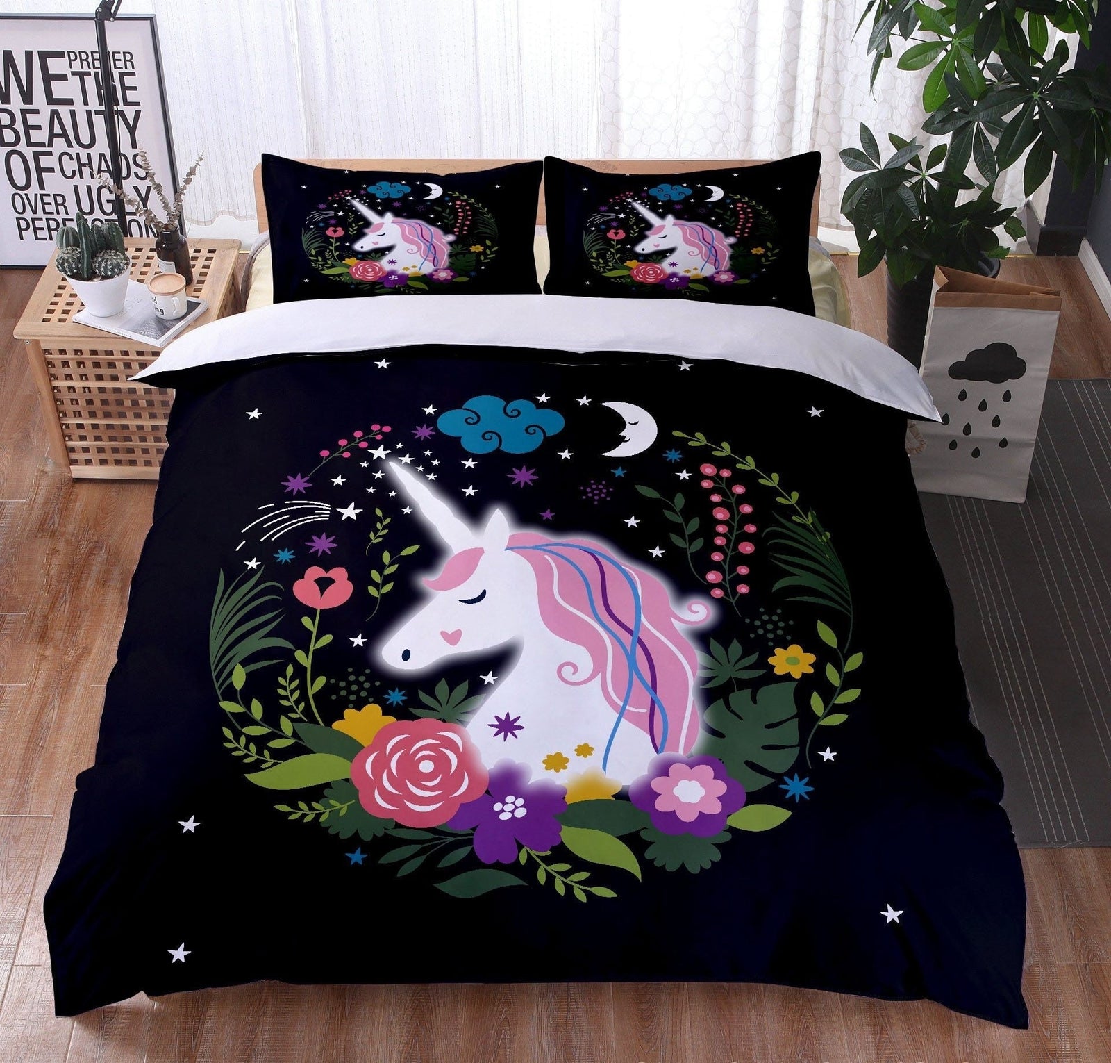 Housse De Couette Noire Licorne En Fleurs