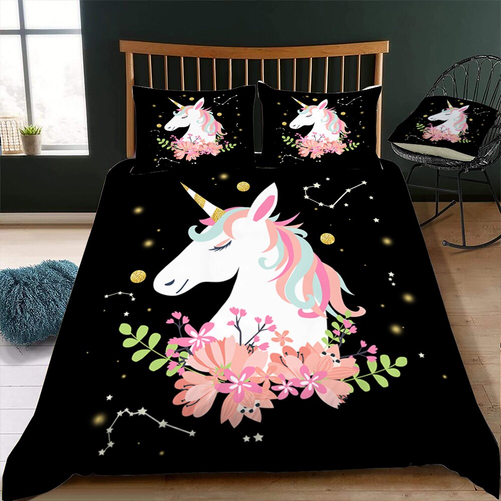 Housse De Couette Noire Licorne Pour Enfant