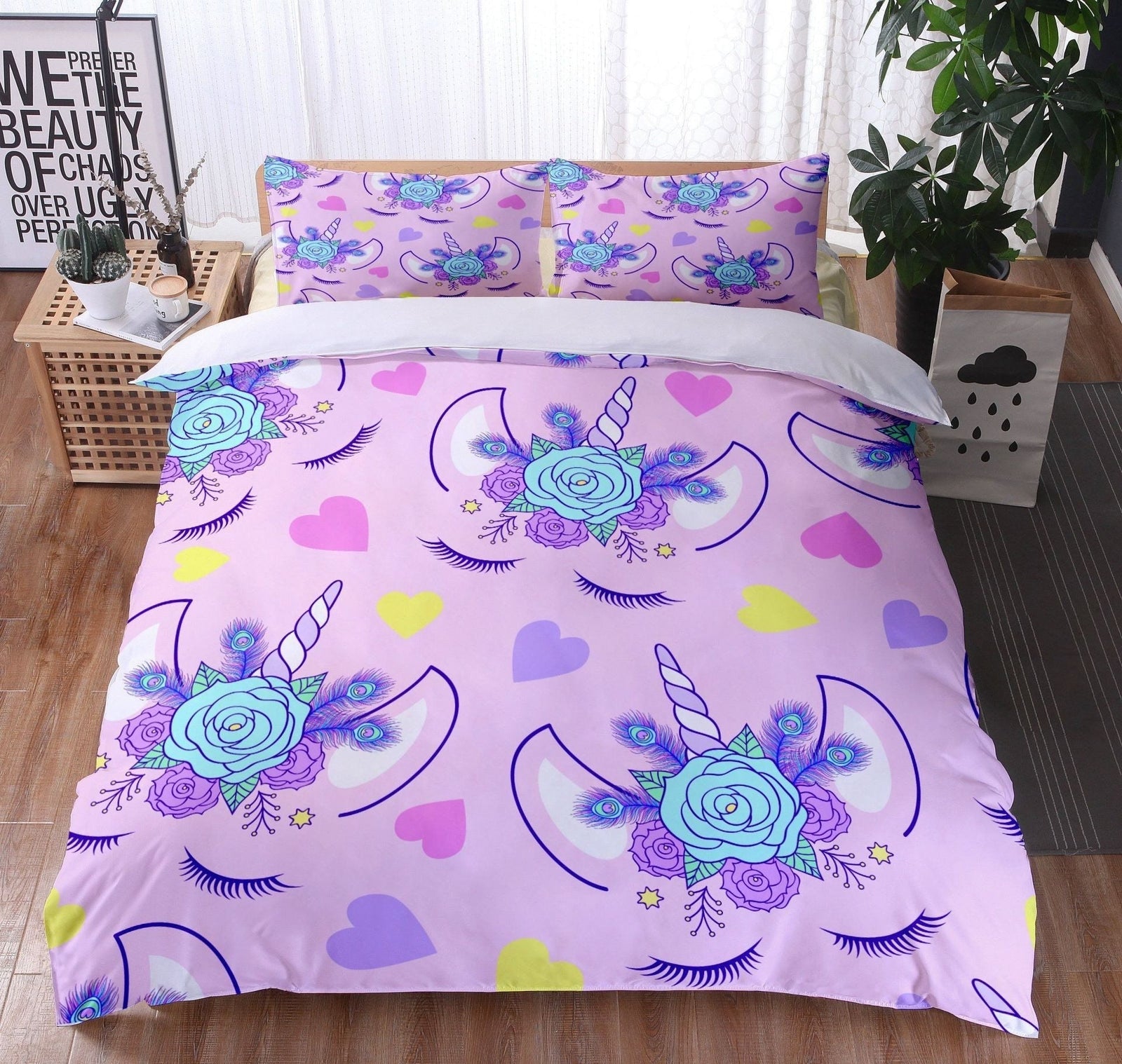 Housse De Couette Rose Tête De Licorne