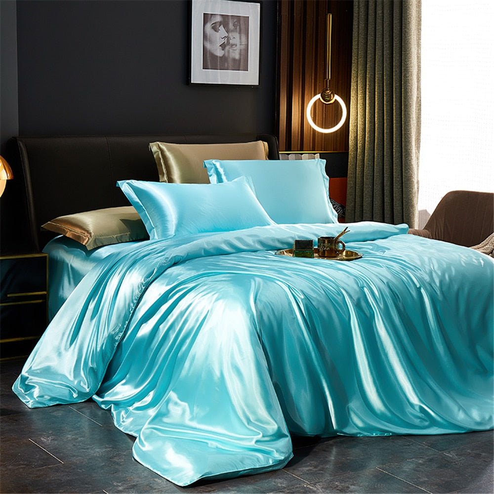 Housse de Couette 100% Satin Bleu Ciel