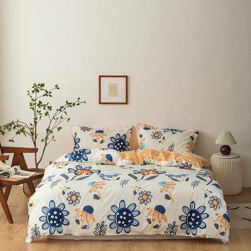 Housse de Couette Beige Petites Fleurs Bleues