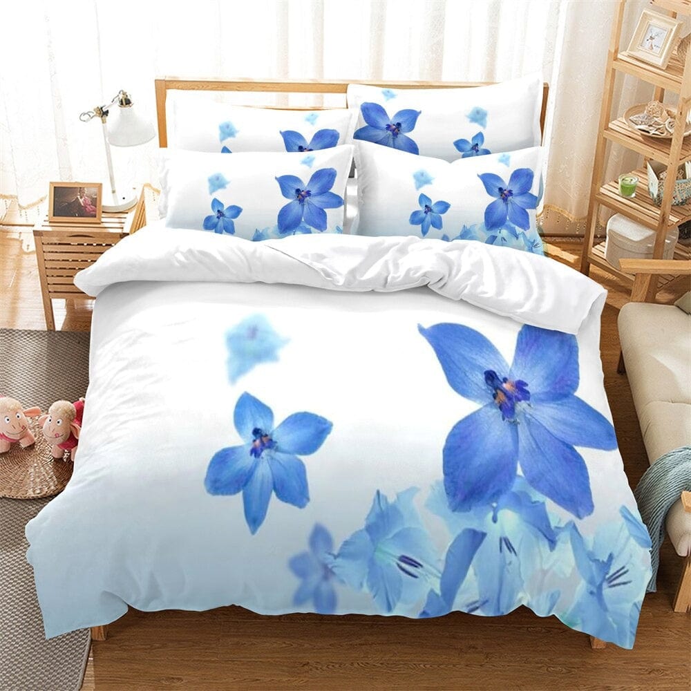 Housse de Couette Blanche Fleurs Bleues