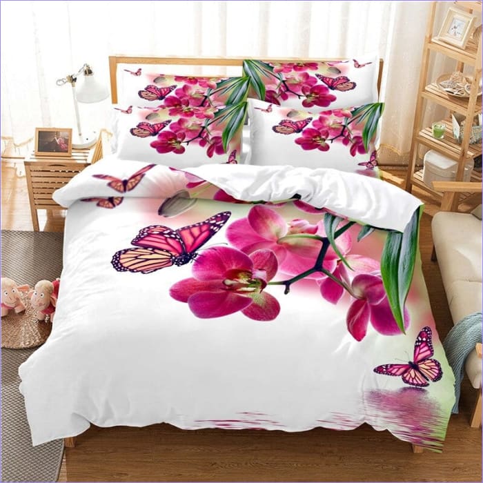 Housse de Couette Blanche Fleurs Roses et Papillons