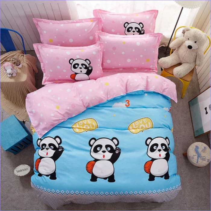 Housse de Couette Bleue et Rose Panda Love You