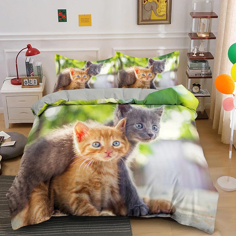 Housse de Couette Chat 3D Roux et Gris