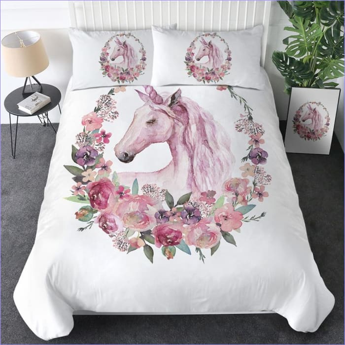 Housse de Couette Licorne Couronne de Fleurs