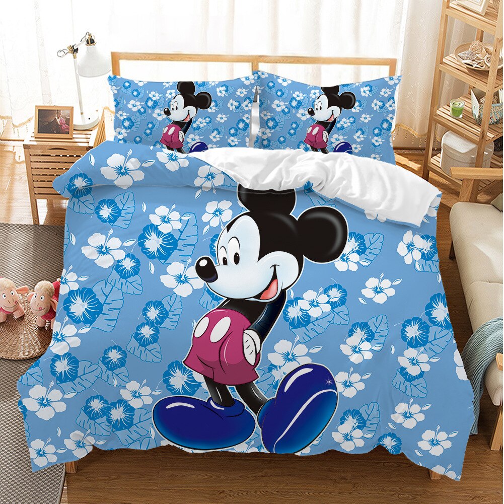 Housse de Couette Mickey Bleue à Fleurs Blanches