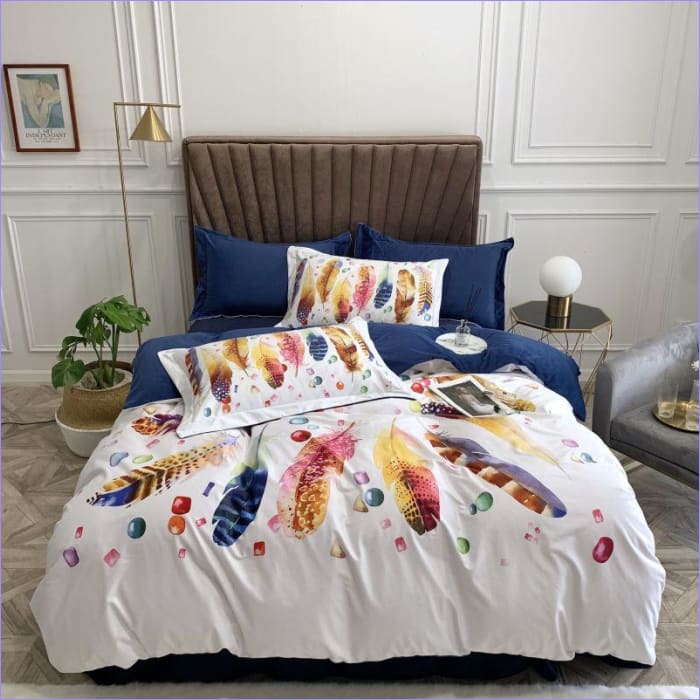 Housse de Couette Plume Colorée Bleu et Blanche
