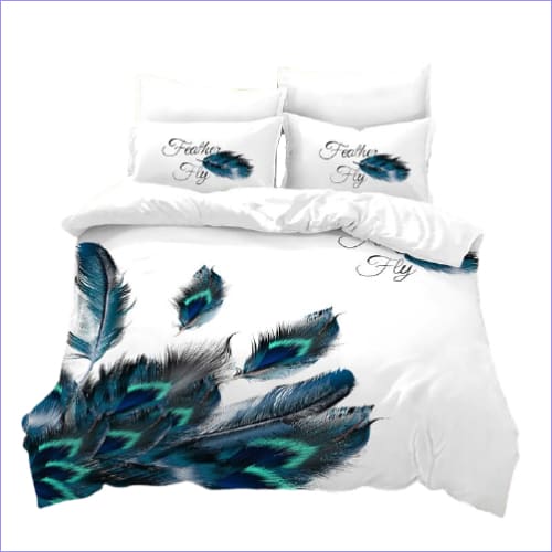Housse de Couette Plumes de Paon Blanche, Noire, Rouge et Bleu