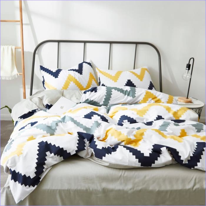 Housse de Couette Scandinave Blanche Vagues Jaune, Bleu et Verte