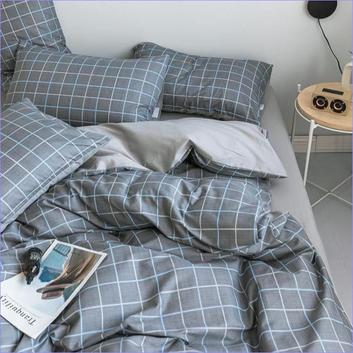 Housse de Couette Scandinave à Carreaux Gris Épurée