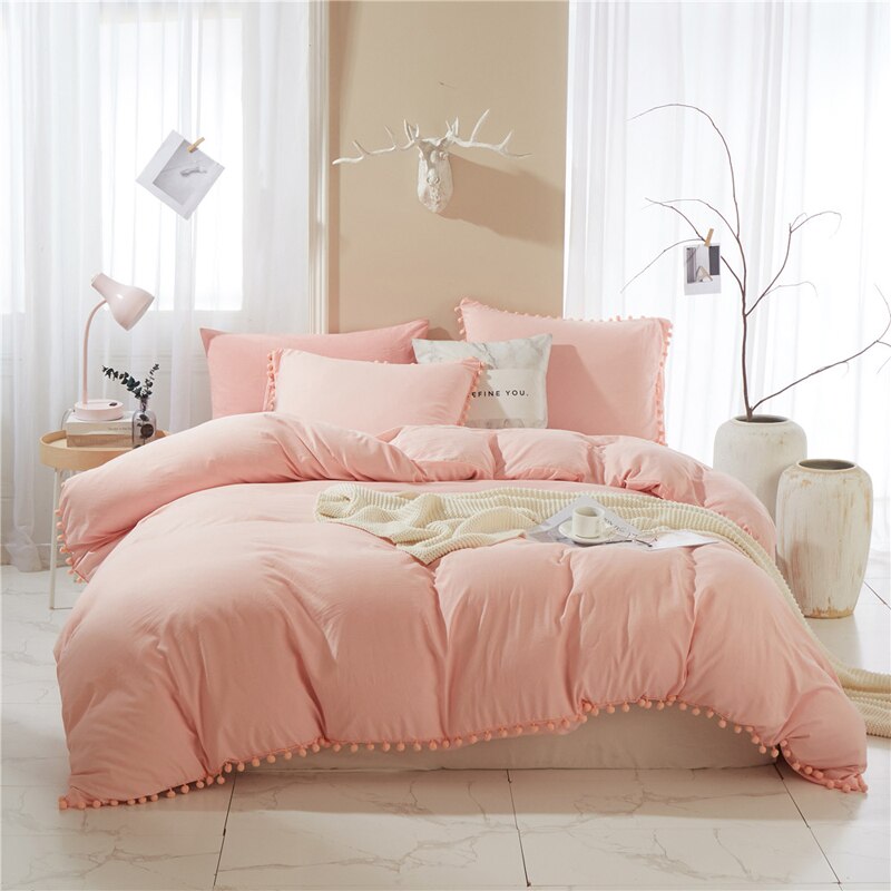 Housse de Couette Unie à Pompons Rose