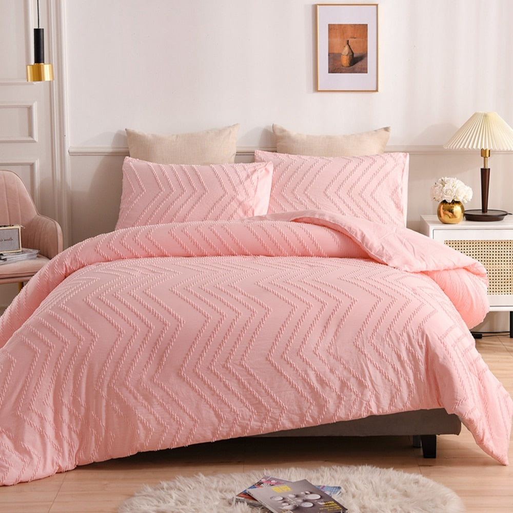 Housse de Couette Unie a Traits Brodés Rose
