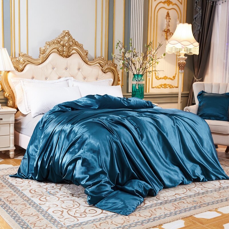 Housse de Couette Unie en Satin de Soie Glacée Bleu