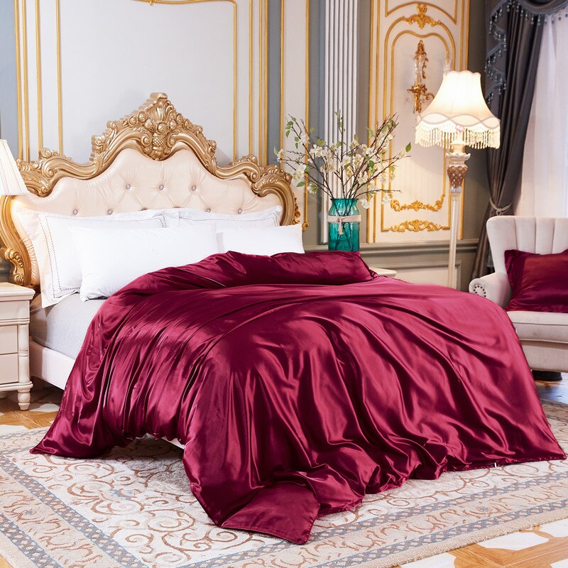 Housse de Couette Unie en Satin de Soie Glacée Bordeaux