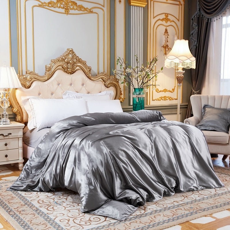 Housse de Couette Unie en Satin de Soie Glacée Grise