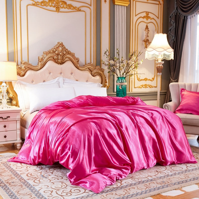 Housse de Couette Unie en Satin de Soie Glacée Rose Bonbon