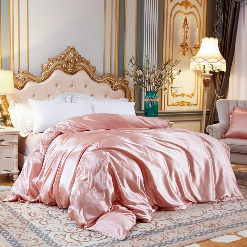 Housse de Couette Unie en Satin de Soie Glacée Rose Pale
