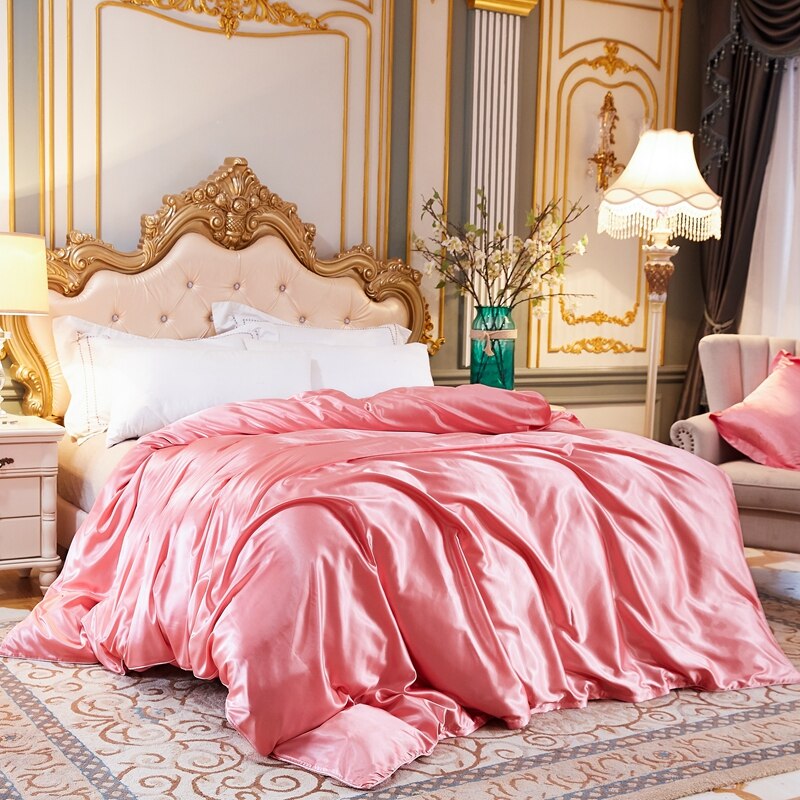 Housse de Couette Unie en Satin de Soie Glacée Rose Poudré