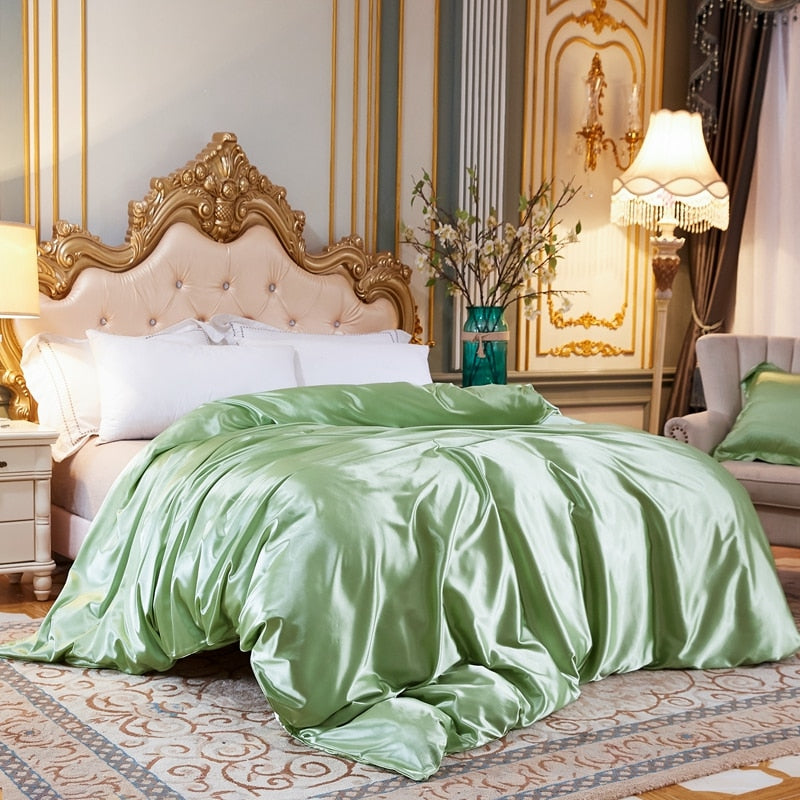 Housse de Couette Unie en Satin de Soie Glacée Vert Clair