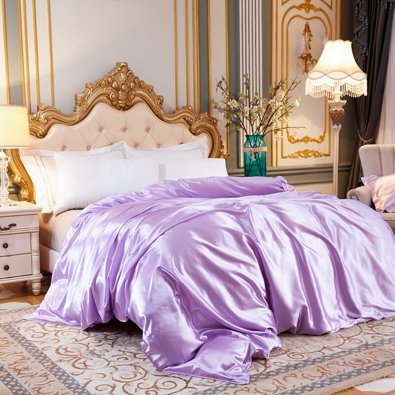 Housse de Couette Unie en Satin de Soie Glacée Violet Clair