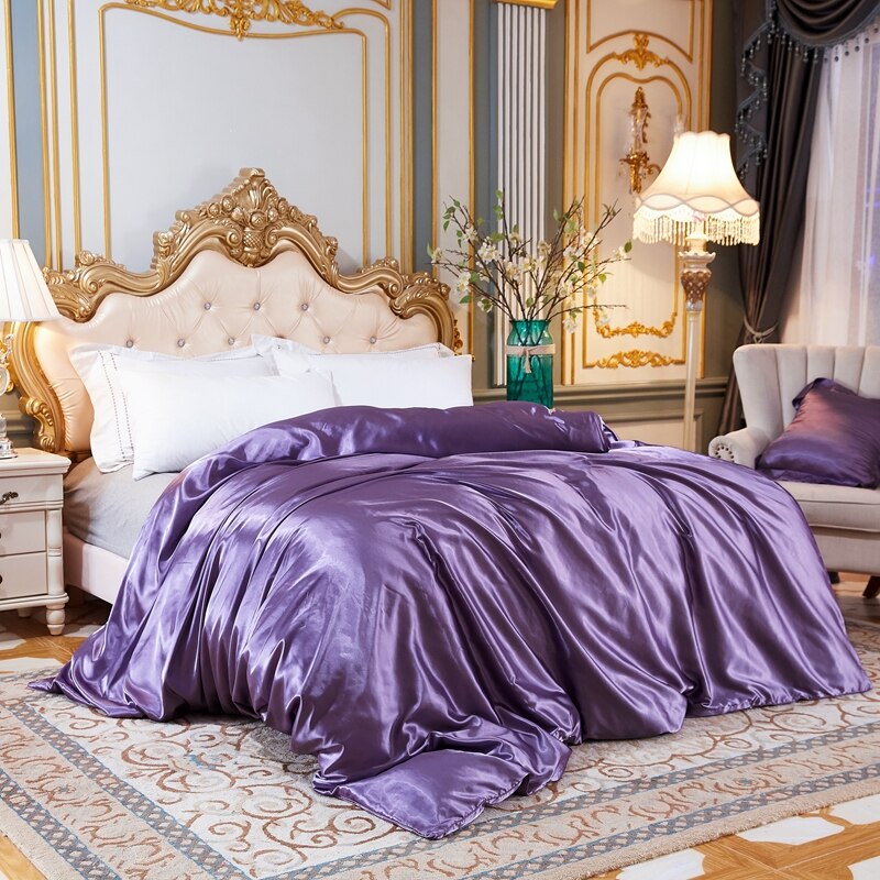 Housse de Couette Unie en Satin de Soie Glacée Violet Foncé