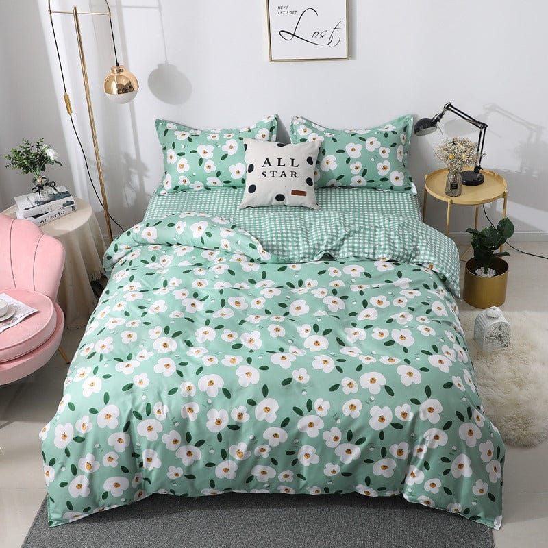 Housse de Couette Verte Motif Fleurs Blanches
