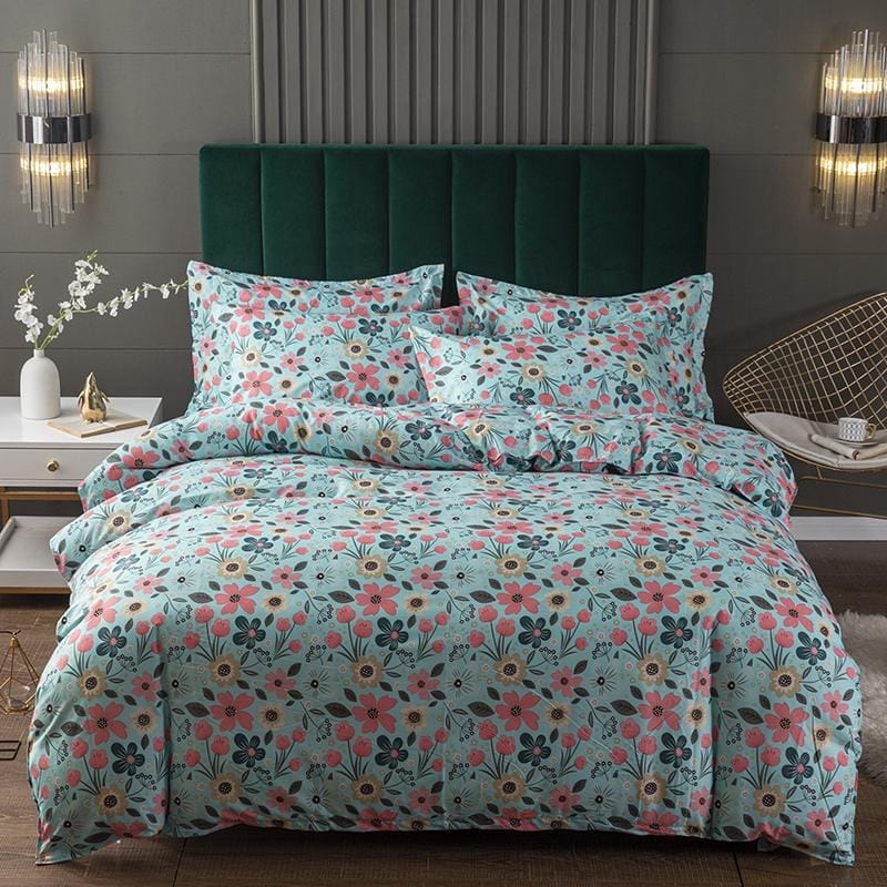 Housse de Couette Verte Petites Fleurs Roses