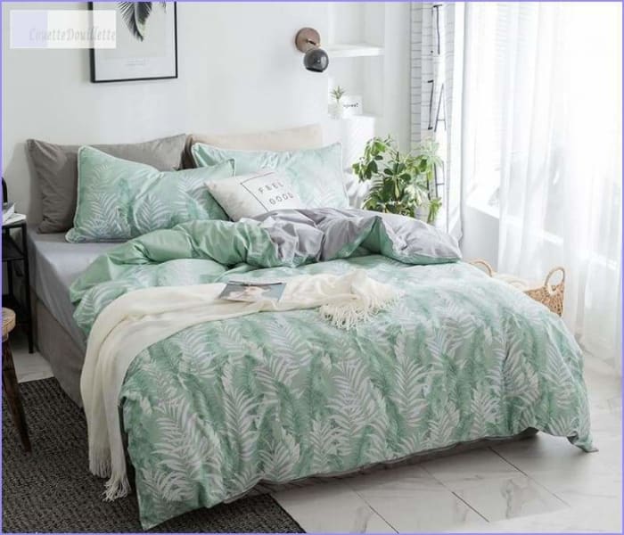 Housse de Couette Verte à Feuilles Blanches