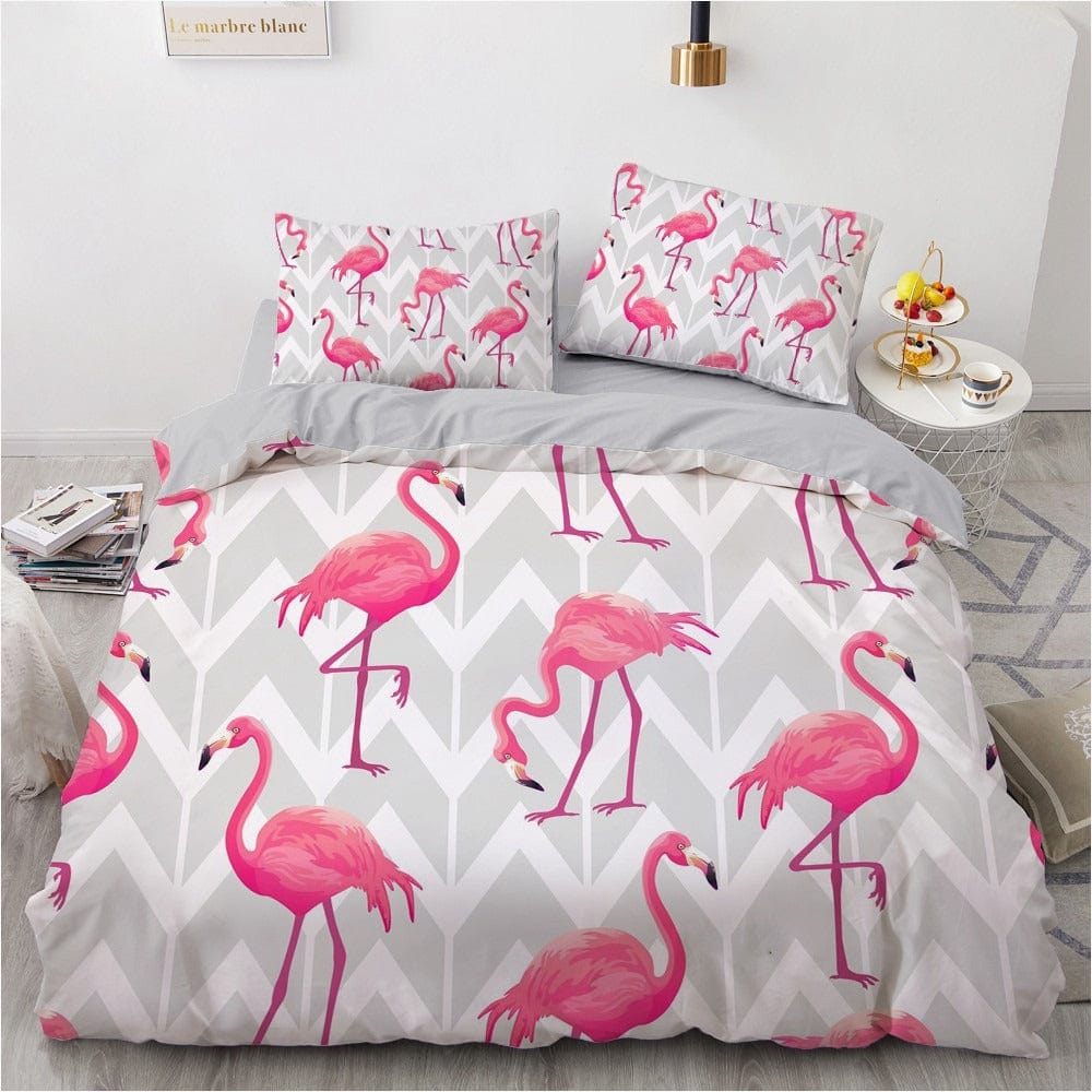 Parure Housse de Couette Grise Flamant Rose