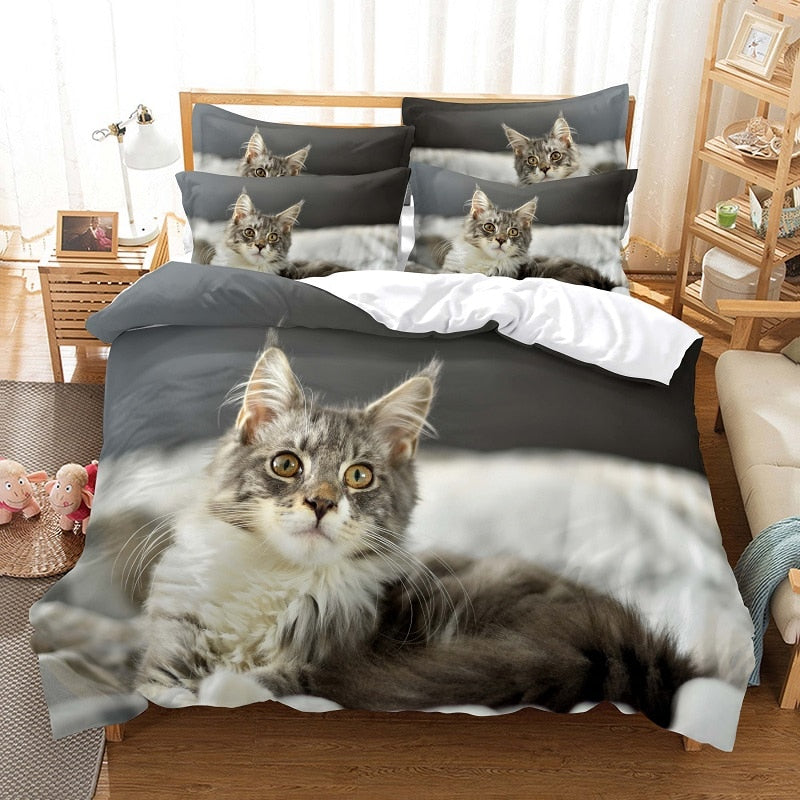 Housse De Couette Chat Maine Coon Gris Et Blanc