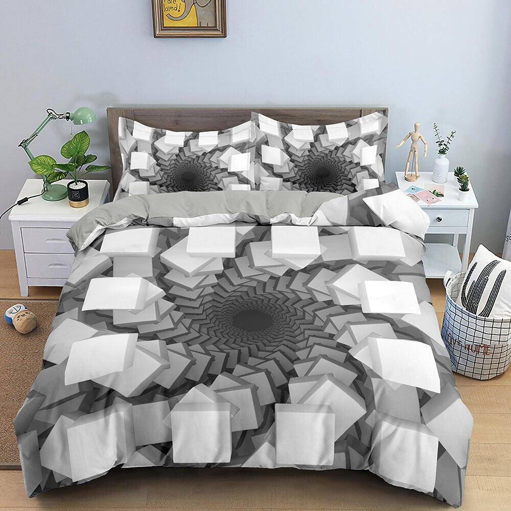 Housse De Couette Illusion D'Optique Blanche Et Grise