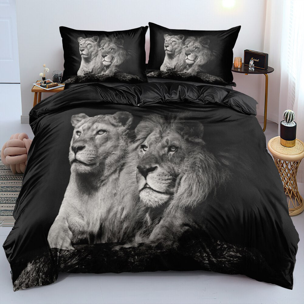 Housse De Couette Noire Et Blanche Lion Et Lionne