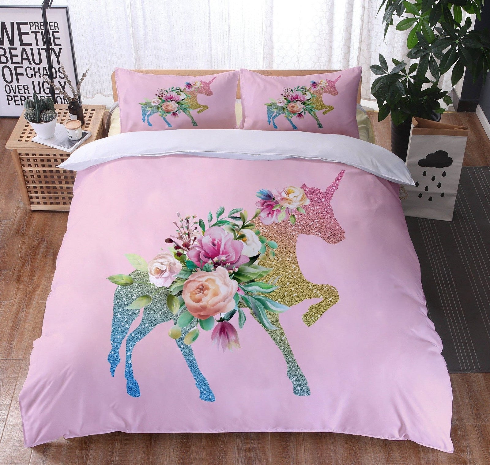Housse De Couette Rose Licorne Fleurie
