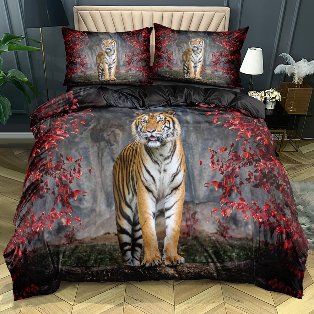 Housse De Couette Tigre Feuilles Rouges