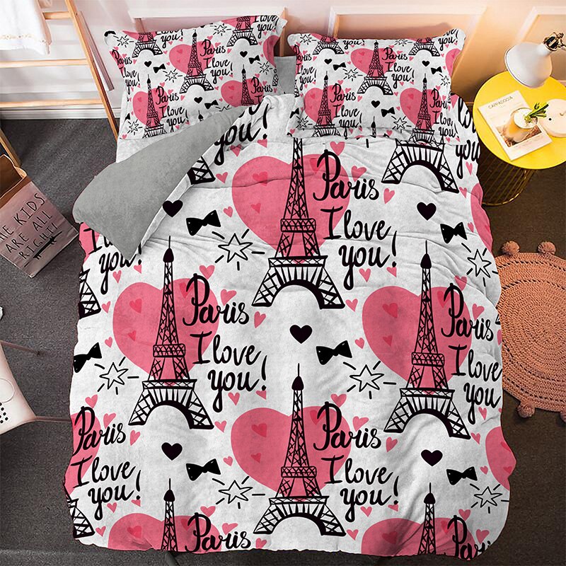 Housse De Couette Tour Eiffel Et Cœur Rose