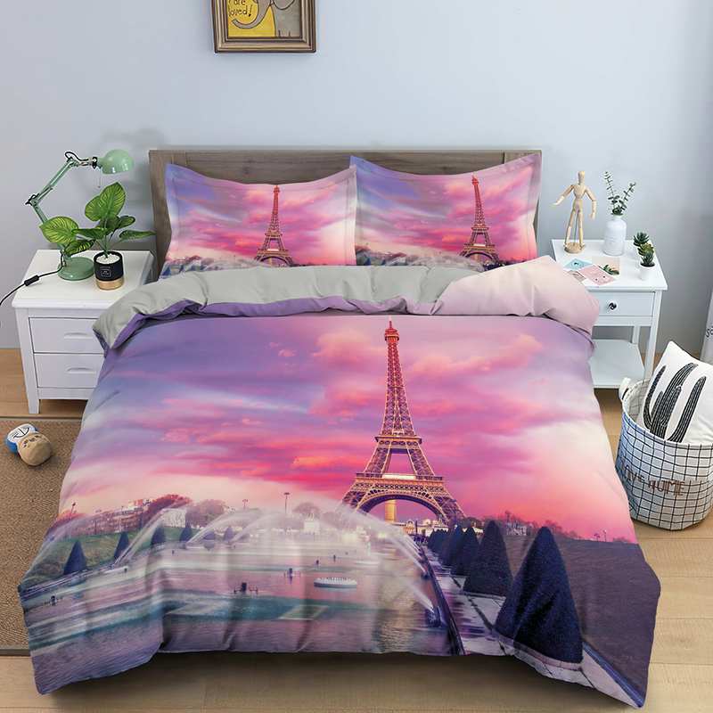 Housse De Couette Tour Eiffel Sous Un Couché De Soleil Rose