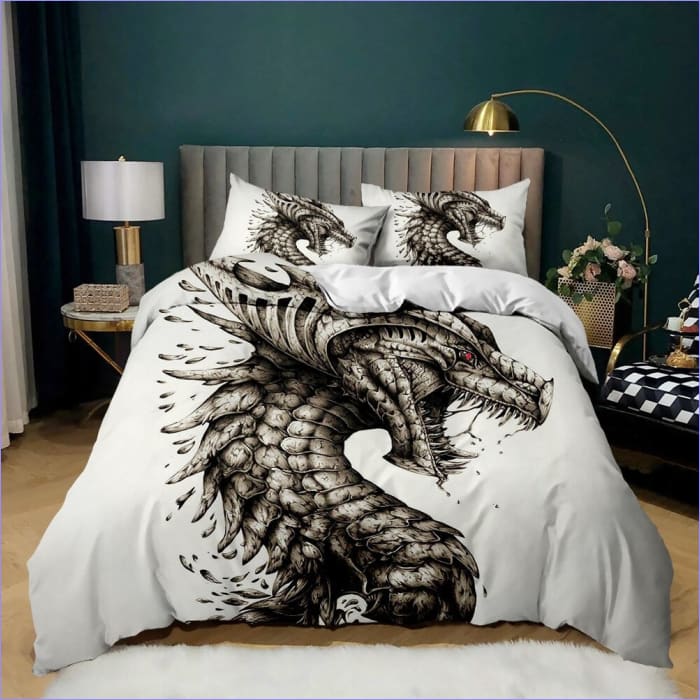 Housse de Couette Blanche Dragon Gris