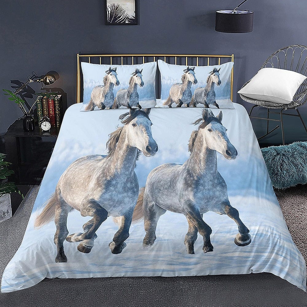 Housse de Couette Blanche Motif Cheval 2 Personnes