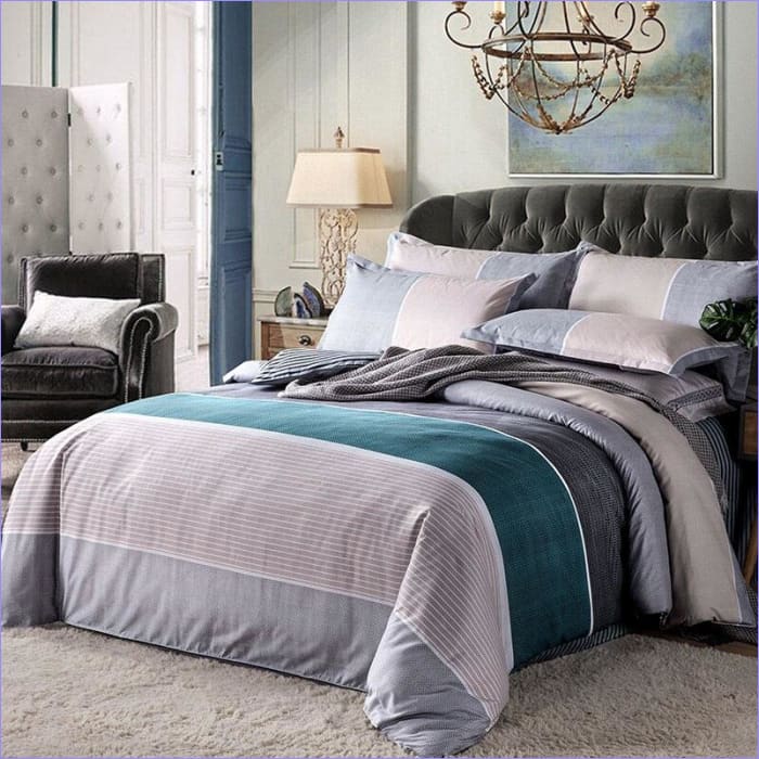 Housse de Couette Bleu Canard et Gris