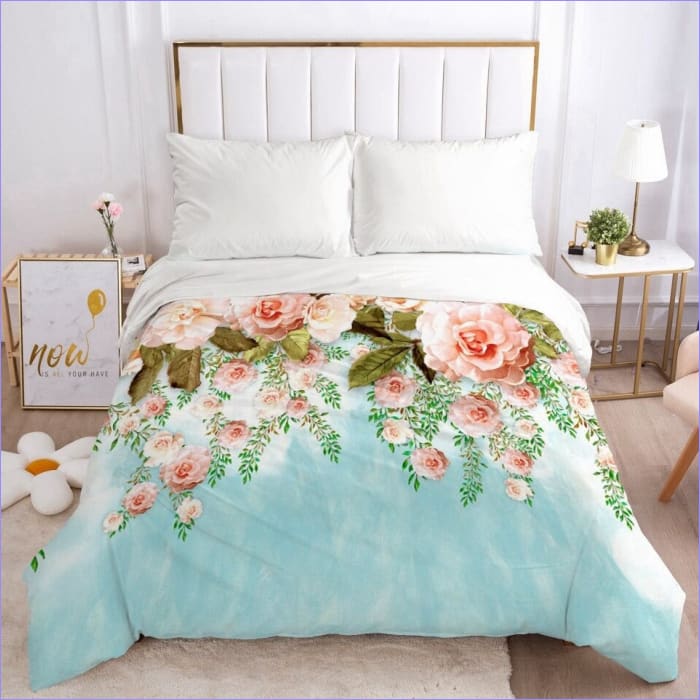 Housse de Couette Bleue Fleurie Avec Roses Rose Clair