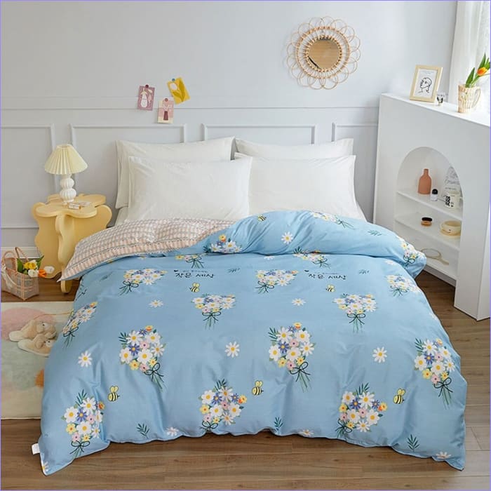 Housse de Couette Bleue Fleurie Petit Bouquet