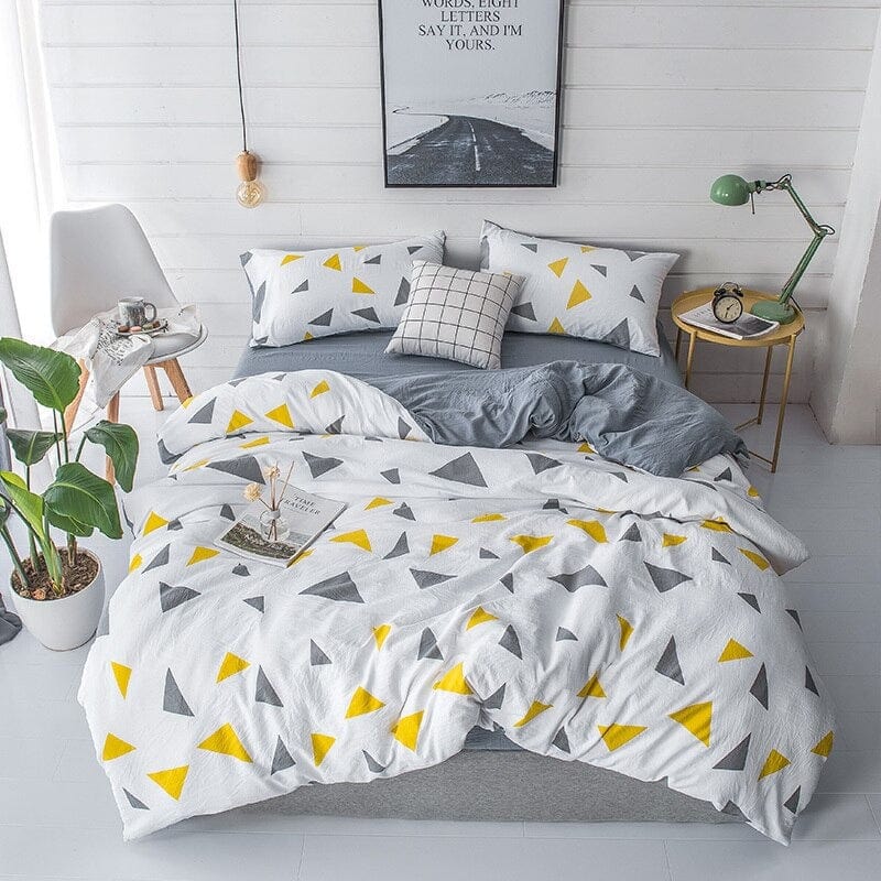 Housse de Couette Design Scandinave Triangles Jaune et Gris