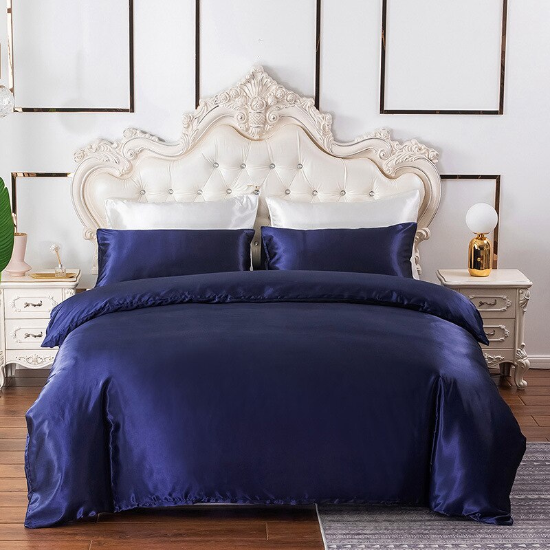 Housse de Couette Douce Imitation Soie Unie Bleu Marine