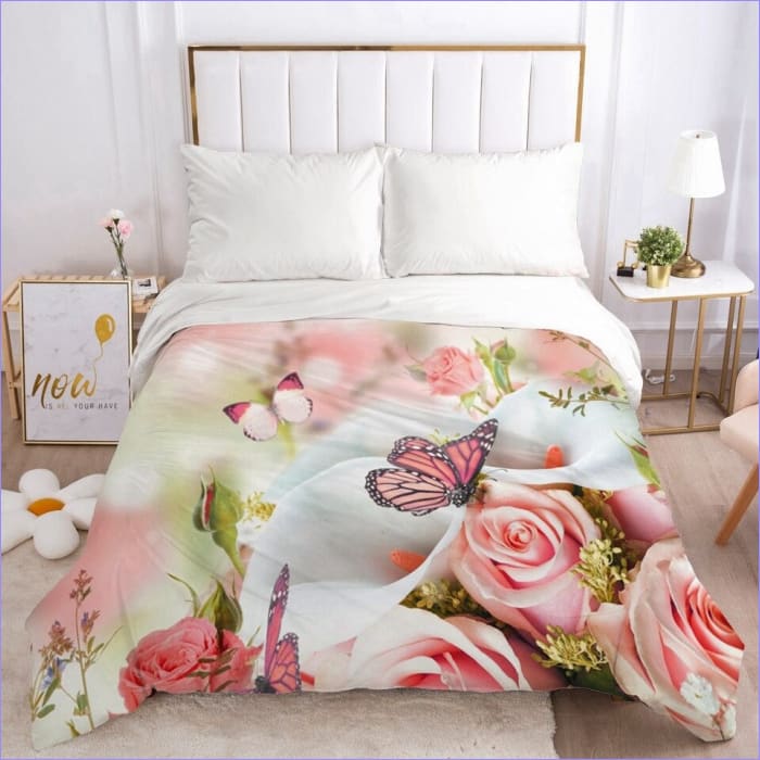 Housse de Couette Fleurie Bouquet de Roses et Papillons